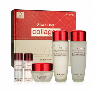Набір догляду за шкірою 3W Clinic Collagen Skin Care 3 Items Set (тонер для обличчя, 150 мл + емульсія, 150 мл + крем для обличчя, 60 мл + тонік, 30 мл + емульсія, 30 мл)