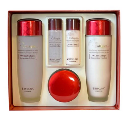 Набір догляду за шкірою 3W Clinic Collagen Skin Care 3 Items Set (тонер для обличчя, 150 мл + емульсія, 150 мл + крем для обличчя, 60 мл + тонік, 30 мл + емульсія, 30 мл)